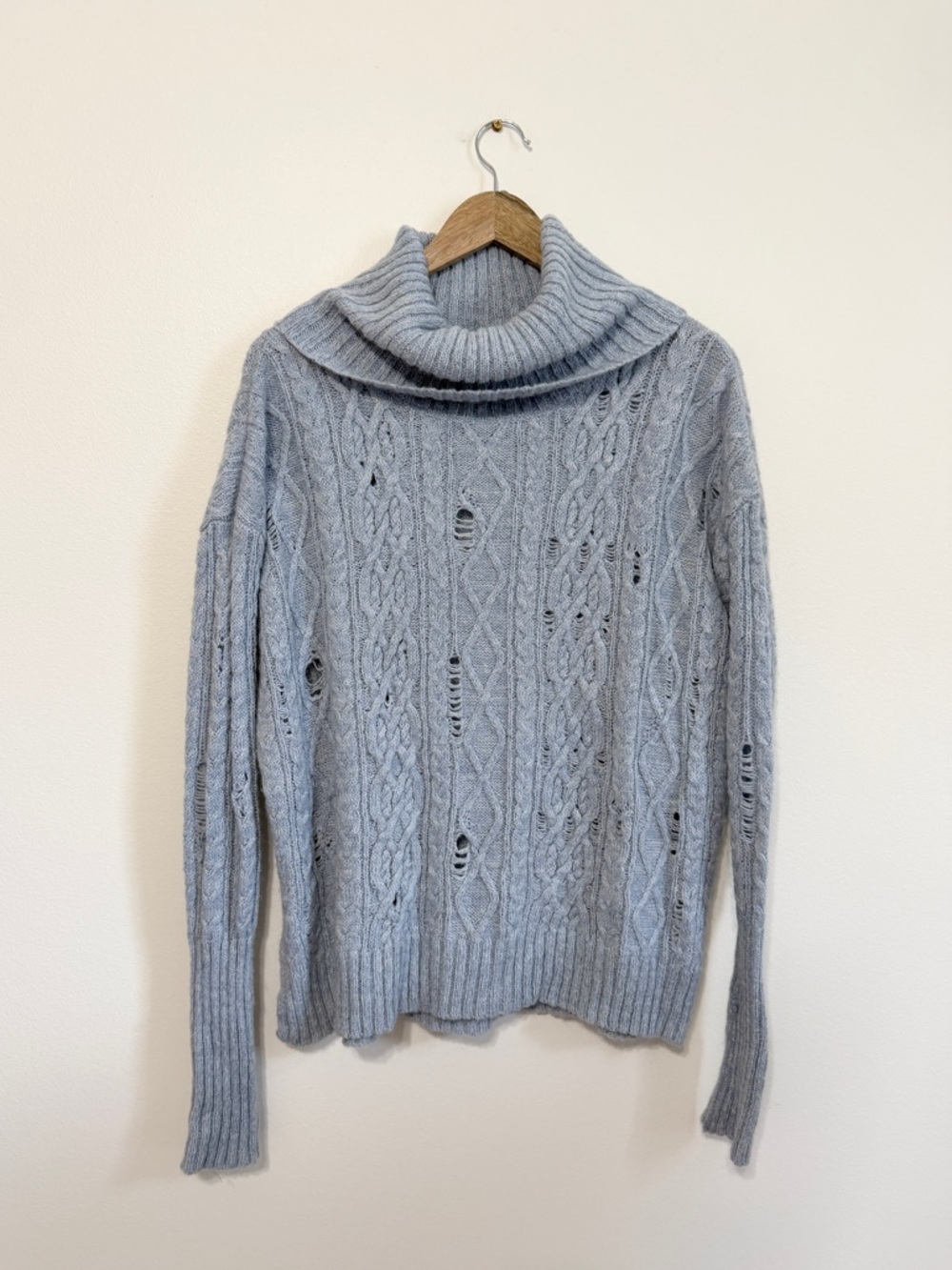 Free People Blue Distressed Turtleneck Sweater Size XS Oversized Wool Cable Knit